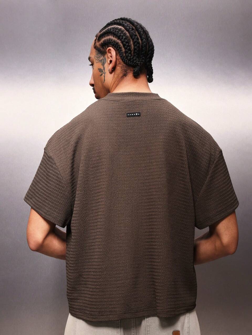 PLAYBOY X SUMWON Essentials Ribbed Crinkle Boxy Fit Short Sleeve Crew Neck T-Shirt With Small Chest Logo For Casual Everyday Comfort