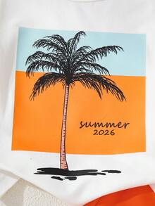 SHEIN Playful Pals 2pcs/Set Infant/Toddler Baby Boy White Summer Casual Beach Vacation Holiday Palm Tree & Letter Print T-Shirt And Drawstring Shorts Hawaiian Outfits - Orange - View 4