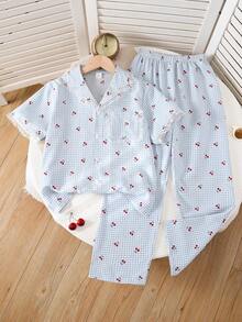 2 Stücke/Set Mädchen Kirsch-Muster karierte Woven Bubble Stoff Kurzarm Strickjacke & Hose, weich und bequem, Schlafanzug, perfektes Geschenk für Tween-Mädchen - Babyblau - Übersicht 4
