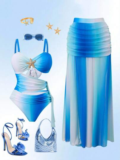 Swim Vcay 新款加大码女式渐变印花海星金属装饰连体泳衣，配长款网纱罩衫，适合度假