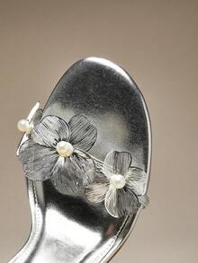 SHUZIA 女士花朵装饰细高跟日常聚会性感优雅金属 PU 高跟凉鞋 - 銀色 - 查看 7