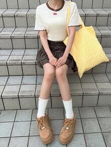 FRIFUL Women's Casual Loose Fit Contrast Color Trim T-Shirt, Versatile For Spring And Summer - Beige - View 2