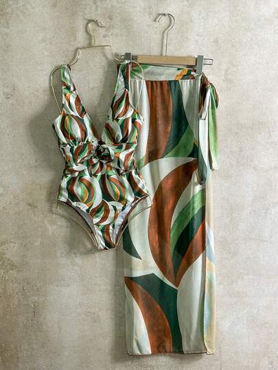  Swim Oasis-D Women's Random Print Deep V Metal Decor Maxi Skirt 3-Piece Bikini Set, Spring/Summer