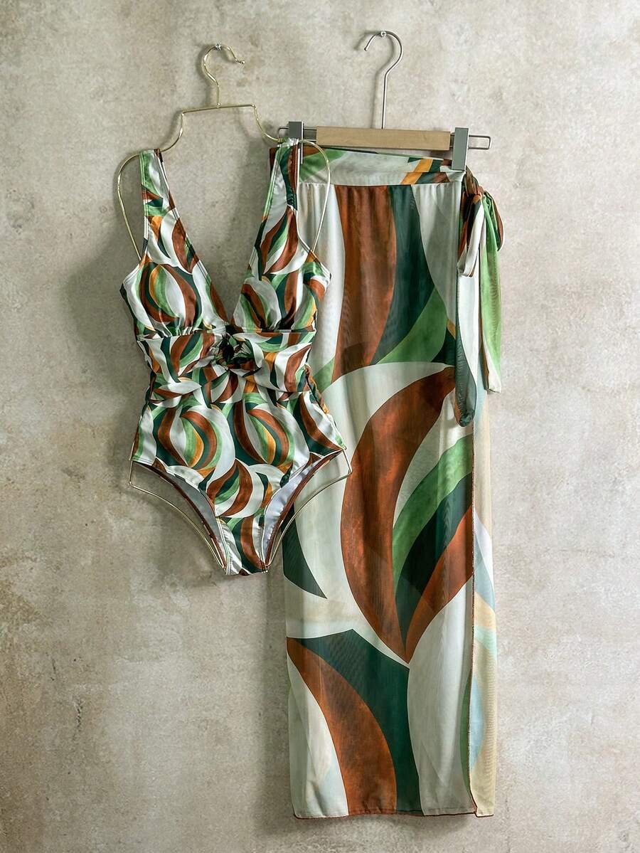 Bộ bikini 3 mảnh Swim Oasis-D dành cho nữ, họa tiết ngẫu nhiên, cổ chữ V sâu, đính kim loại, dáng maxi, thích hợp cho mùa xuân/hè. - Nhiều màu - Xem 1