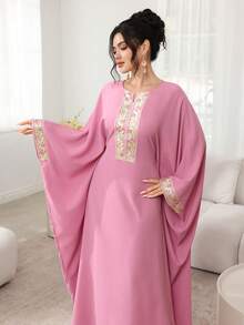 Al Najma 撞色花边蝙蝠袖长袍 - 粉色 - 查看 3