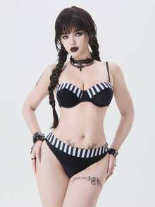 ROMWE Goth Bikini con aros con estampado de rayas - Blanco y Negro - Ver 4