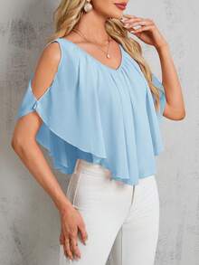 SHEIN Clasi Áo thun trễ vai viền bèo nhún - Màu xanh nhạt - Xem 6