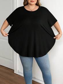 SHEIN CURVE+ Plus Size Summer Casual Solid Color Curved Hem Loose T-Shirt, Summer Tops Plus Size Oversized T-Shirt Plus Size T Shirts - Black - View 5