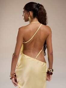 Normani 女士性感简约纯色黄色缎面不对称深V领露背系带连衣裙，适合派对、晚宴、正式场合、伴娘、生日迷你裙、商务休闲等场合，优雅露背缎面连衣裙 - 黃色 - 查看 6