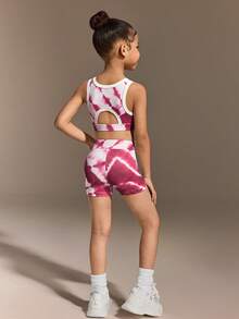 女童休闲运动红色印花修身套装，夏季服装，修身剪裁，时尚设计，适合运动、健身、户外活动、校园生活和日常穿着。 - 紅色 - 查看 3