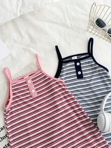 SHEIN Genkimix Kids 2件套女童简约韩版罗纹弹力针织无袖修身吊带裙，粉色和藏蓝色直筒裙，夏季舒适日常穿着 - 粉色 - 查看 3