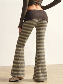 VARSIVA Women's Dark Green Color-Blocked Flared Pants With A Folded Waistband And Color-Blocked Stripes Are A Versatile And Casual Style, Perfect For Yoga And Pilates. - Multicolor - View 9