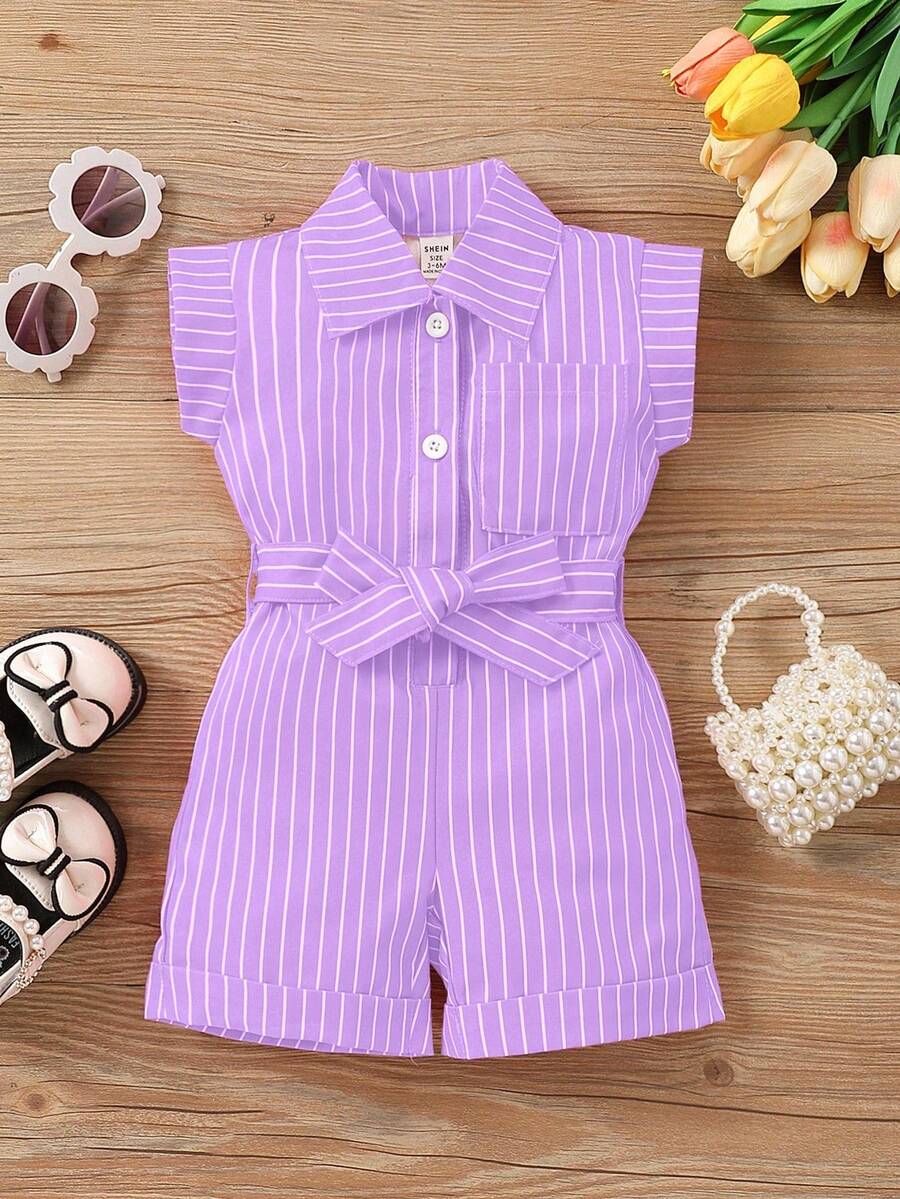 Bộ áo liền quần kẻ sọc thắt eo cho bé gái, kiểu dáng thường ngày. - Bụi tím - Xem 1