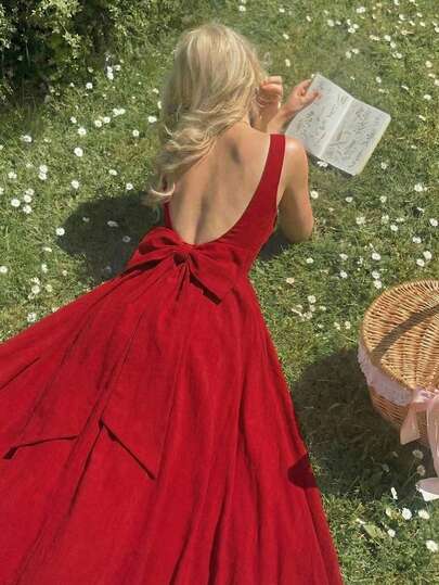 SHEIN MOD Women's Red Mid-Length Dress With Bowknot Decor On Back,Backless Dress,Vacation Outfits ,Modest Dresses For Women,Spring Break Dresses,Summer Holiday Outfits,Valentine's Day Dress,Birthday Dress For Women, Elegant Dresses For Party,Red Dress,Wedding Dress Bow Back Dress Red Open Back Dress Dress With Bow In The Back, Red Summer Dress, Red Sundress, Red Beach Dress