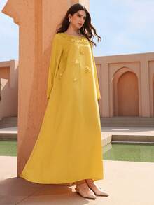 Graceveil Beaded Round Neck Pleated Design Long Sleeve Flared Satin Arabic Style Dress For Women - Yellow - View 6