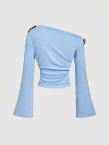 SHEIN MOD 女士纯色斜肩3D立体花卉装饰褶皱休闲百搭日常长袖T恤 - 藍色 - 查看 2