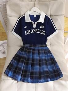 Set de 2 piezas: Blusa de cuello polo de manga corta y falda mini a cuadros, estilo escolar primavera/verano para adolescentes. Adecuado para la escuela, deportes o atuendos casuales. - Azul Marino - Ver 5