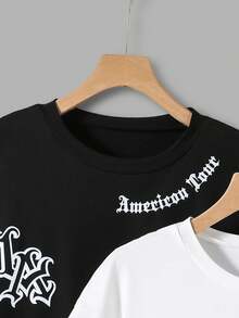 SHEIN Coolqubz 2件装男童及青少年宽松字母印花圆领短袖T恤，夏季图案T恤 - 彩色 - 查看 4