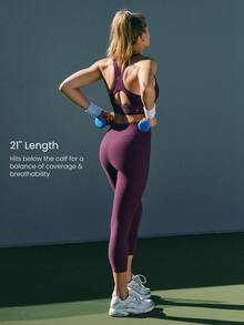 GLOWMODE 21" FeatherFit™-Sculpt Slay The Sweat Compressive Anti-Roll Tummy Control No Front Seam Side Pockets Leggings Training Running Workout Gym - Purple - View 4