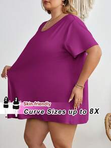 SHEIN CURVE+ 大码休闲纯色短袖T恤，夏季 - 中紫紅色 - 查看 10