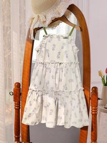 SHEIN Genkimix Kids 1件少女復活節3D鬱金香裝飾花卉圖案細肩帶洋裝，丁香紫碎花圖案少女洋裝 - 杏色 - 查看 2