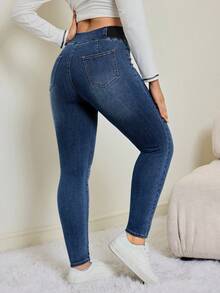 SHEIN Tall Women's Casual Washed High Waist Slim Fit Jeans Autumn/Winter Elastic Waistband High-Stretch Comfort Fabric Dark-Wash Skinny Jeans - Medium Wash - View 2