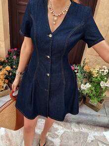 Serisse Women's V-Neck Button Casual Vacation Everyday Denim Dress Spring - Blue - View 6