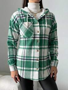 EURMUSE Cotton Ladies' Plaid Drawstring Hooded Regular-Fit Jacket - Green - View 3