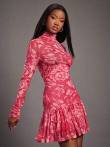 NYA SZN 长袖高领修身连衣裙，粉色花卉图案，玫瑰花图案，适合春假、旅行、约会、活动、特殊场合、派对等场合，迷你裙长，女士服装 - 紅色 - 查看 5