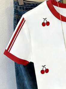 Tween Girl Casual Sweet Cherry Print Short Sleeve T-Shirt Casual Red Striped Round Neck Top, Suitable For Daily Wear And Outings, Spring To Summer - Multicolor - View 4