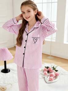 Tween Girls Pajamas-2 Piece Pajama Set Pink White Striped Satin Look Long Sleeve Button Up Top Notch Collar Chest Pocket Heart Embroidery Matching Pants Elastic Waist Four Seasons Holiday 2026 Must Have Sleepwear Loungewear Cozy Gift Ideal Bedroom Sleepwear Set Pink Striped Pajama Pink Pajama Sets - Pink - View 3