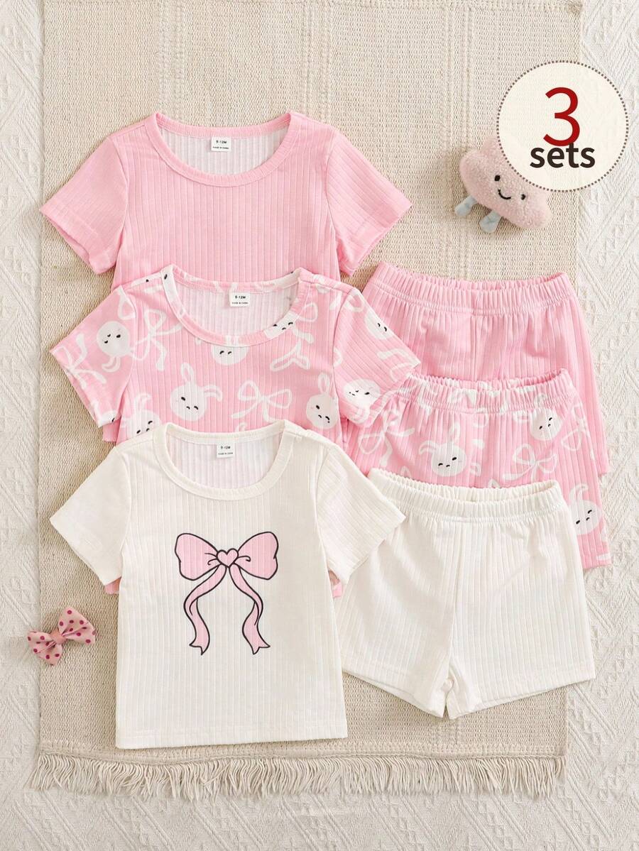 SHEIN 6件套女婴新生儿0-3岁春夏新款可爱兔子纯色条纹T恤短裤套装 - 彩色 - 查看 1