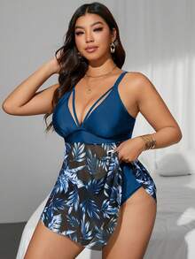 Swim Lushoire 大码女式两件套热带树叶随机印花深V网纱拼接露脐上衣和高腰三角泳裤，休闲度假比基尼 - 藍色 - 查看 5