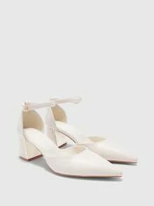 CUCCOO BIZCHIC 女鞋 女士尖头粗跟中跟白色踝带镂空女式高跟鞋 时尚舒适通勤商务百搭女式镂空鞋 - 米色PU - 查看 7