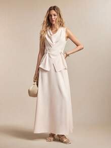 BizChic Nuevo conjunto de 2 piezas de primavera/verano con top corto de dobladillo asimétrico blanco y falda de cintura elástica, versátil para múltiples ocasiones - Blanco - Ver 4