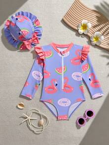 Toddler Girl High Neck Long Sleeve One Piece Swimsuit With Ruffles And Cartoon Print Tropical Baby Girl Bathing Suit Toddler Girl Flamingo Watermelon Swimsuit Watermelon Baby Swimsuit Baby Girl Long Sleeve Swimsuit - Multicolor - View 3