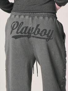 Missguided x Playboy Washed Studded Cuffed Jogger Sweatpants With Metal Studs And Bunny Logo Detail - Grey - View 6