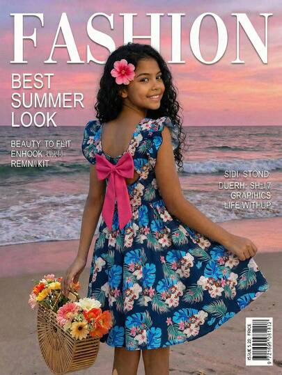 1pc Blue Tropical Vacation Style Dress, Suitable For Travel, Backless With Detachable Bow Decor