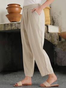 Parysyn 大码女式休闲口袋纽扣裤，通勤和外出皆宜 - 杏色 - 查看 6