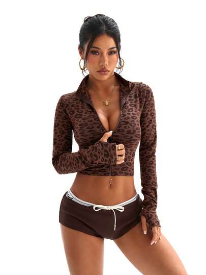 1pc Seamless Leopard Print Sports Top, Zipper, Stand Collar, Soft & Fitted, Suitable For Running, Fitness, Workout, Yoga