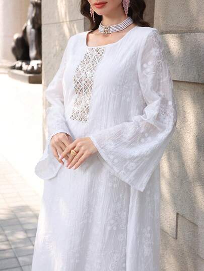 Yasmyna Women's Floral Embroidery Sequin Patchwork Casual Loose Party & Travel Arabic Flare Sleeve Dress