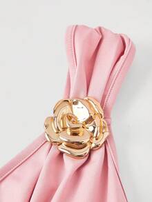 SHEIN X Hannahelzahed SHEIN MOD 女士优雅派对连衣裙，简约纯色无袖金属花卉装饰，褶皱修身鱼尾裙摆，夏季 - 粉色 - 查看 3