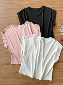 SHEIN EZwear Bộ 3 áo thun nữ tay ngắn cổ chữ V màu trơn, kiểu dáng thường ngày, thích hợp mặc mùa hè. - Nhiều màu - Xem 3