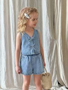 LMoss Kids 2件套女童牛仔无袖背心和宽松短裤套装 - 淺色水洗藍 - 查看 5