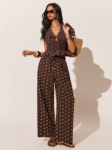Poéselle Pantalones anchos de pierna ancha con estampado todo sobre, cintura con cordón y bolsillos, para uso diario, pantalones marrones, pantalones de playa, pantalones casuales, para verano para mujeres, pantalones de playa para mujeres, pantalones de vacaciones para mujeres - Marrón - Ver 4