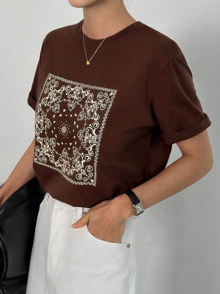 Women's Summer Round Neck Printed Loose Short Sleeve Vacation Style T-Shirt