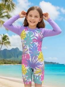 女童碎花长袖连体泳衣，休闲沙滩度假连体泳衣 - 彩色 - 查看 3