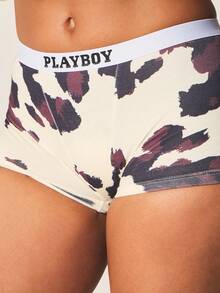 Missguided x Playboy 奶牛纹平角短裤 高腰三角内裤 舒适贴身 弹性腰带 动物纹家居服 - 黑與白 - 查看 5