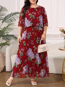 SHEIN Clasi Plus Size Elegant Geometric Print Chiffon Ruffle Hem Dress, Summer - Burgundy - View 3