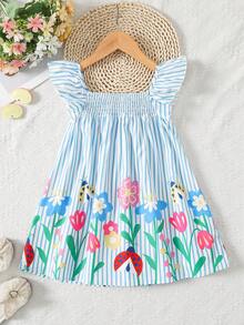 Young Girls Cute Cartoon Print Striped Flare Sleeve Loose A-Line Dress, Casual Vacation Fashion Versatile, Matching Sisters, Park Camping, Parent-Child Photo, Party Gathering, Daily Casual - Blue - View 2